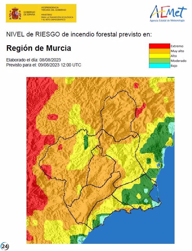 El miércoles se espera un alto o muy alto riesgo de incendios forestales en la mayor parte de la Región, según la Meteorología.